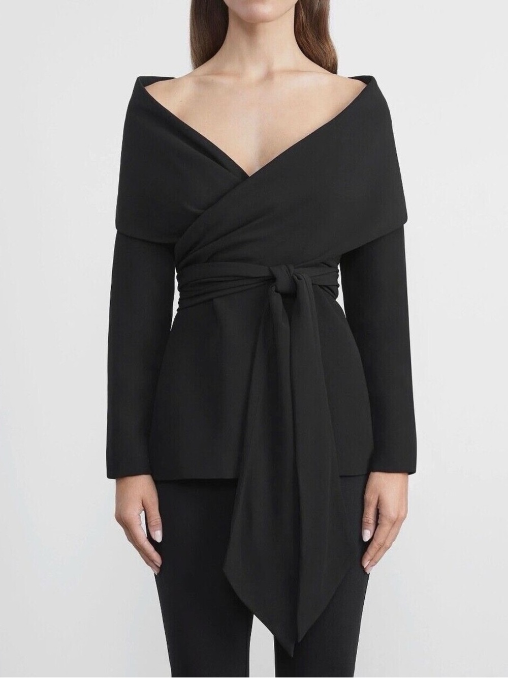 NWT Lafayette 148 New York Portrait Collar Wrap Jacket Blazer in Black. Size 4